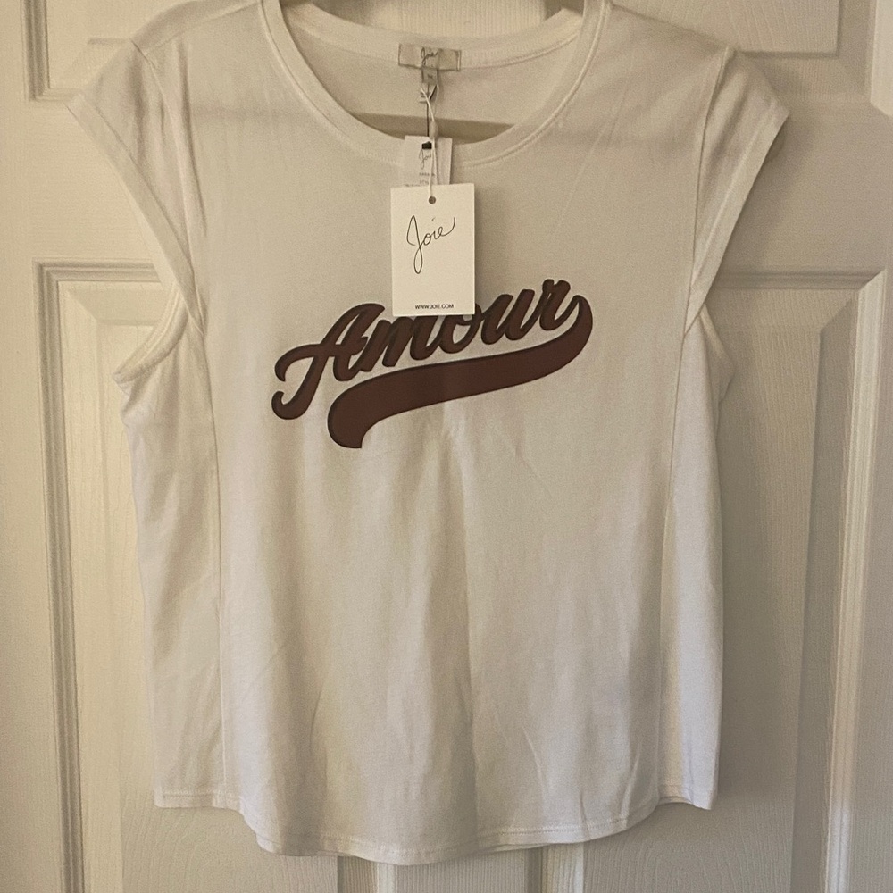 Joie White Tank Top with Brown "Amour" Script